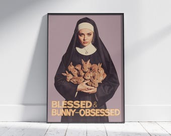 Funny Easter nun art, rabbit lover print, pastel spring poster, quirky Christian decor, instant wall download