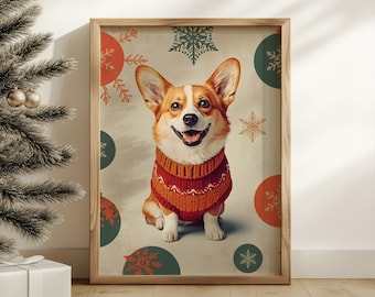 May include: A framed print featuring a smiling Corgi wearing a red and orange sweater. The background has a beige tone with red, green, and gold snowflake and circle designs. The frame is made of light brown wood.
