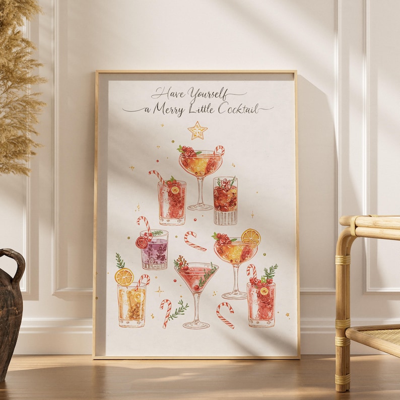 Christmas Cocktail Tree Art Print, Holiday Party Decor (digital ...