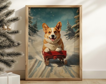 May include: A framed print featuring a smiling Corgi dog riding a red sled down a snowy hill. The artwork has a winter theme with snow-covered trees and a light blue sky. The print is in a wooden frame.