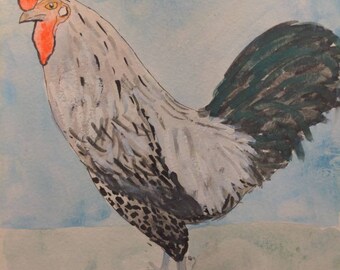 May include: Watercolor painting of a rooster with a red comb and wattle, gray and black feathers, and a green tail. The rooster is standing on a light green background.