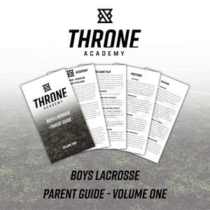 May include: A collection of white pamphlets with the text "THRONE ACADEMY" and "BOYS LACROSSE - PARENT GUIDE - VOLUME ONE". The pamphlets are fanned out, with the title text in bold black letters. The background is a gradient.