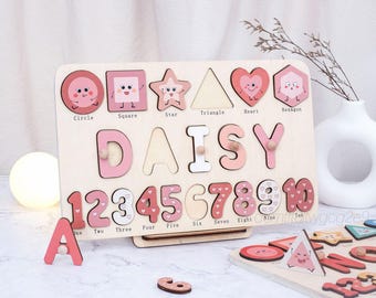 Wooden Name Puzzle - Baby Busy Board - Combining geometry and numbers - Personalised Children's Gift - birthday Gift