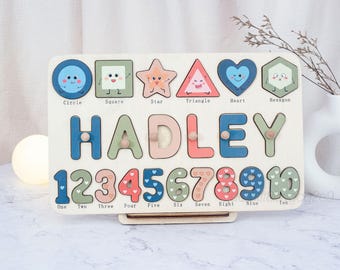 Tablero de actividades de madera con formas geométricas - Rompecabezas con nombre de bebé - Regalo de Navidad - Regalos personalizados para bebé