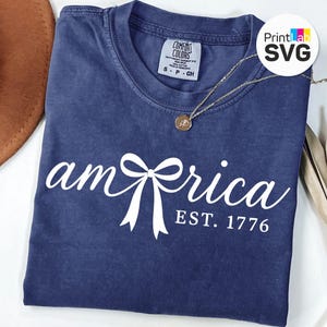 Coquette American girl bow design with USA flag colors, patriotic red white and blue ribbon, 4th of July SVG PNG sublimation graphic for Independence Day shirt, freedom America digital download