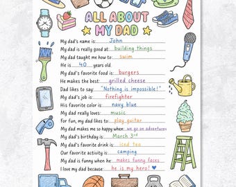 Father’s Day Card Printable, All About My Dad Questionnaire, Kids Worksheet & Coloring Page, DIY Gift for Dad, Instant Download PDF