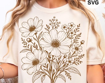 Wildflower Bouquet SVG, Floral Bouquet Svg, Botanical Flower Svg, Boho Flower Outline, Cricut Floral Design, Flower Bundle Svg