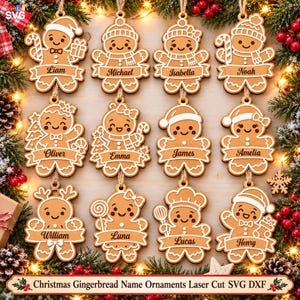 May include: A collection of twelve light brown gingerbread-shaped Christmas ornaments featuring white outlines and personalized names including Liam, Michael, Isabella, Noah, Oliver, Emma, James, Amelia, William, Luna, Lucas, and Henry.