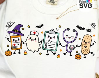Halloween Nurse SVG PNG, Cute Medical Halloween Doodle, Nurse Ghost Stethoscope Pill Bottle Bandage, Sublimation Design