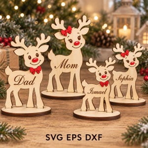 Personlig renfamilj SVG, anpassat namn stående hjort laserskuren fil, fristående juldekor, trären DXF EPS