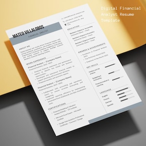 Puede incluir: Plantilla digital de currículum vitae de analista financiero con el nombre Mateo Villalobos en la parte superior. El currículum incluye secciones de experiencia, educación, habilidades y certificaciones. El texto es negro sobre fondo blanco con un encabezado gris claro.
