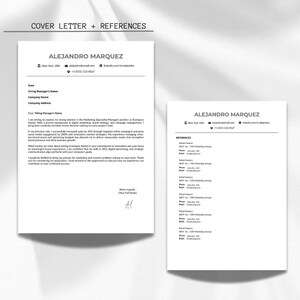 Puede incluir: Dos hojas de papel blancas con el nombre "ALEJANDRO MARQUEZ" en la parte superior. Una es una carta de presentaci&oacute;n, la otra una lista de referencias. El texto "COVER LETTER + REFERENCES" est&aacute; en la parte superior.