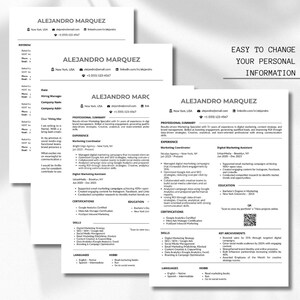 Puede incluir: Una pila de curr&iacute;culums vitae blancos con el nombre "ALEJANDRO MARQUEZ" en la parte superior. Los curr&iacute;culums incluyen secciones para resumen profesional, experiencia, certificaciones, habilidades, idiomas y aficiones. Tambi&eacute;n se ve el texto "EASY TO CHANGE YOUR PERSONAL INFORMATION".