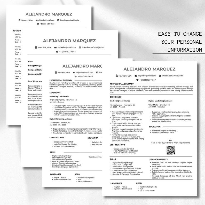 Puede incluir: Una pila de curr&iacute;culums vitae blancos con el nombre "ALEJANDRO MARQUEZ" en la parte superior. Los curr&iacute;culums incluyen secciones para resumen profesional, experiencia, certificaciones, habilidades, idiomas y aficiones. Tambi&eacute;n se ve el texto "EASY TO CHANGE YOUR PERSONAL INFORMATION".