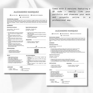 Puede incluir: Dos versiones de un curr&iacute;culum vitae para Alejandro Marquez, con un c&oacute;digo QR para acceder a su portafolio en l&iacute;nea. Los curr&iacute;culums son texto negro sobre fondo blanco, detallando experiencia profesional, habilidades y certificaciones.