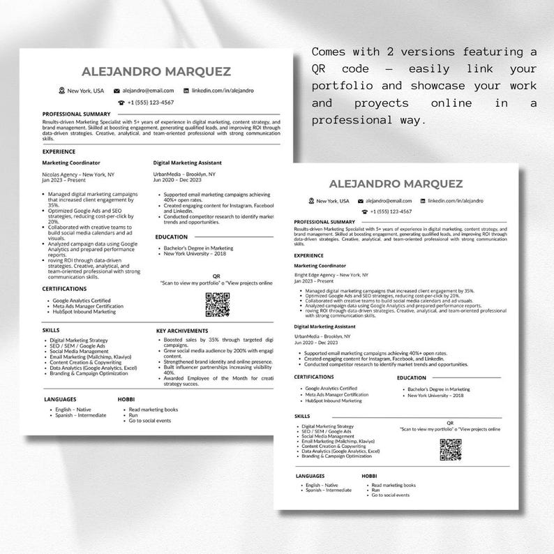 Puede incluir: Dos versiones de un curr&iacute;culum vitae para Alejandro Marquez, con un c&oacute;digo QR para acceder a su portafolio en l&iacute;nea. Los curr&iacute;culums son texto negro sobre fondo blanco, detallando experiencia profesional, habilidades y certificaciones.
