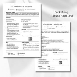 Puede incluir: Una plantilla de currículum de marketing con el título "Marketing Resume Template" en la parte superior derecha. El currículum incluye secciones para resumen profesional, experiencia, certificaciones, habilidades, idiomas y aficiones. El nombre "ALEJANDRO MARQUEZ" está en la parte superior.