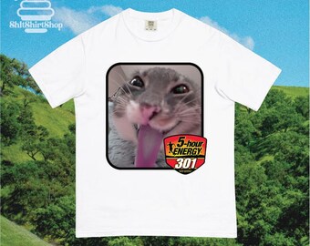 May include: White t-shirt featuring a meme of a cat with its tongue out, framed in a black rectangle. Below the cat is a 5-hour ENERGY 301 logo. The shirt also has the text "ShitShirtShop" on the top left.