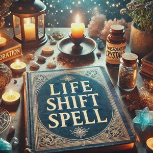 Peut inclure: Une scène mystique avec un livre intitulé "LIFE SHIFT SPELL" à couverture bleue et lettrage doré. Des bougies allumées, une lanterne et des bocaux avec des bouchons en liège sont disposés sur une table, créant une ambiance. Cristaux et herbes séchées complètent le thème magique.