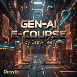 May include: Digital art promoting a "GEN-AI E-COURSE" by Drew Tee. The image features a futuristic, tech-themed design with glowing orange and blue accents. Small robot-like figures interact with glowing panels in a digital environment.