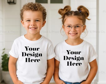 Gildan Youth Kids T-Shirt - White | Youth Life Style Mockup  | Boy & Girl | Outdoor Setting PNG | Digital Download