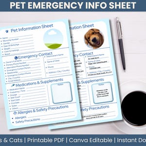Op de afbeelding: Twee lichtblauwe noodinformatiebladen voor huisdieren met invulvelden voor huisdiergegevens, contacten in noodgevallen en medicatie-informatie. Een pen en een kopje koffie liggen naast de bladen. De tekst onderaan luidt "For Dogs & Cats | Printable PDF | Canva Editable | Instant Download."