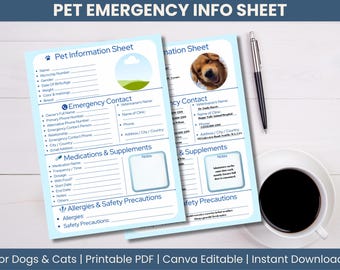 Informationsblad för nödsituationer vid husdjur – Utskrivbart hund- och kattvårdsblad, redigerbart veterinärregister i Canva, direktnedladdning