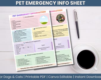 May include: Pet emergency info sheet for dogs and cats. Printable PDF with sections for pet information, veterinarian contact, medications, and allergies. Includes a pen and a cup of coffee.