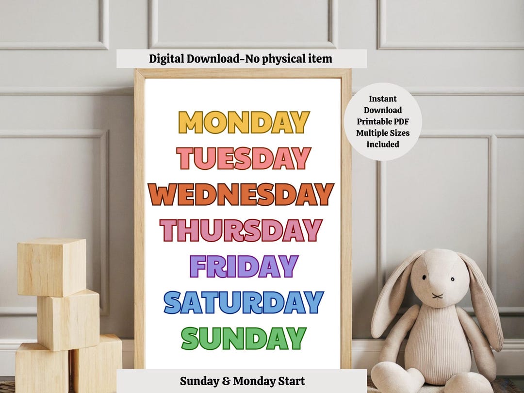 Days of the Week Poster – Colorful Educational Wall Art for Kids ...