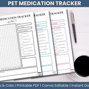 Könnte beinhalten: Drei weiße Blätter zur Verfolgung von Tiermedikamenten mit dem Titel "PET MEDICATION TRACKER". Die Blätter haben Abschnitte für den Namen des Haustiers, Farbcodes und Notizen. Ein Stift und eine Tasse Kaffee liegen daneben.