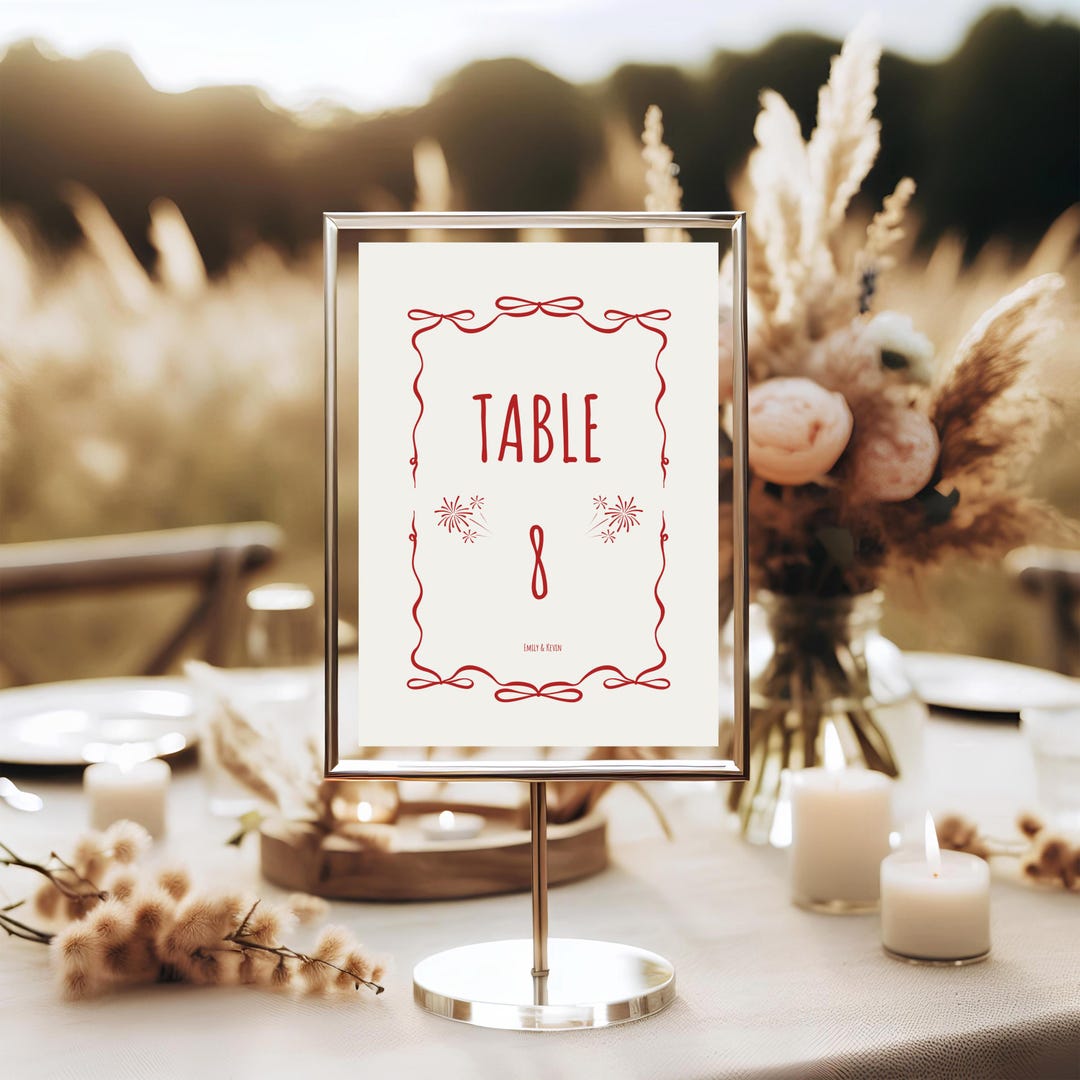 Table Numbers With Ribbon Red Ribbon Table Number – Elegant Wedding Reception Decor, Christmas ...