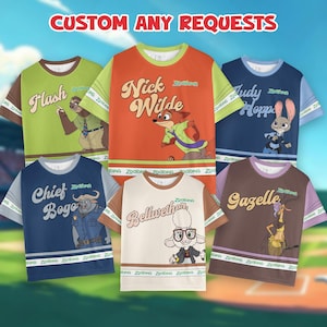 May include: Six colorful t-shirts featuring characters from Zootopia. Each shirt has a different character graphic and name, including Flash, Nick Wilde, Judy Hopps, Chief Bogo, Bellwether, and Gazelle. The text "CUSTOM ANY REQUESTS" is at the top.