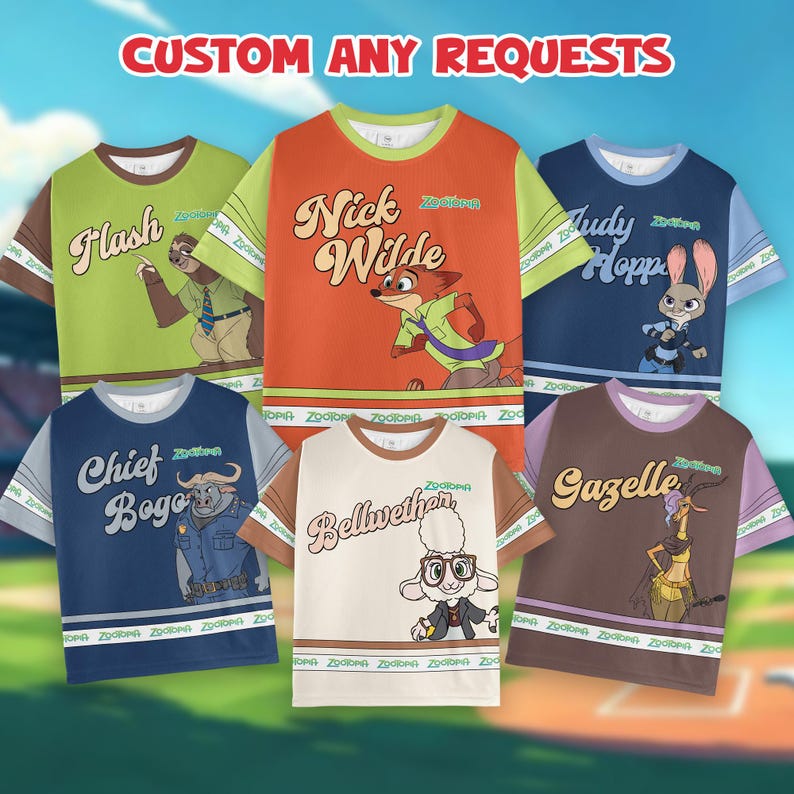 May include: Six colorful t-shirts featuring characters from Zootopia. Each shirt has a different character graphic and name, including Flash, Nick Wilde, Judy Hopps, Chief Bogo, Bellwether, and Gazelle. The text "CUSTOM ANY REQUESTS" is at the top.
