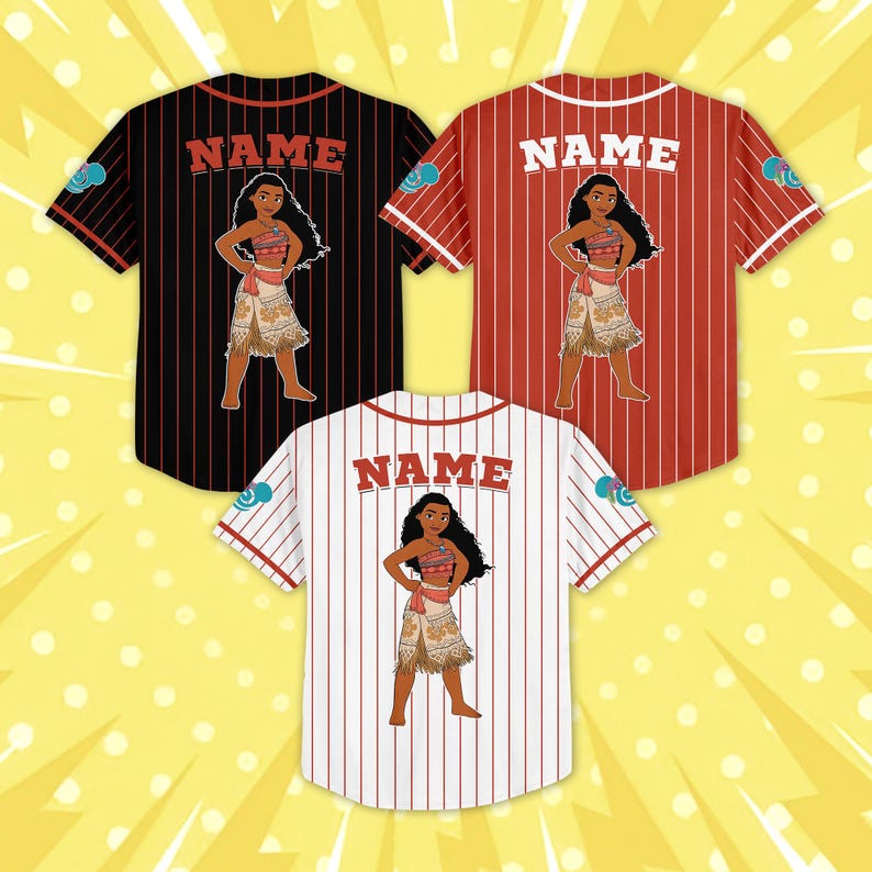 Puede incluir: Tres camisetas de b&eacute;isbol con un dise&ntilde;o de personaje de dibujos animados. Una es negra con rayas rojas, otra es roja con rayas blancas y la tercera es blanca con rayas rojas. Cada camiseta tiene la palabra "NAME" en la espalda.