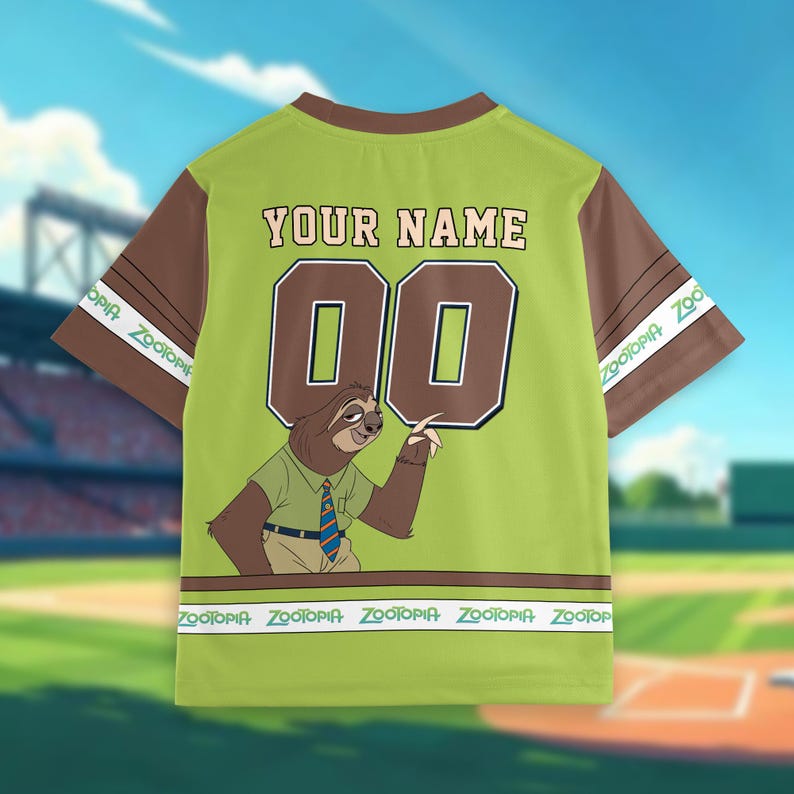 May include: Green baseball jersey with brown sleeves and trim, featuring the text "YOUR NAME" above the number "00". A cartoon sloth character is on the front. The bottom trim and sleeve trim read "Zootopia".