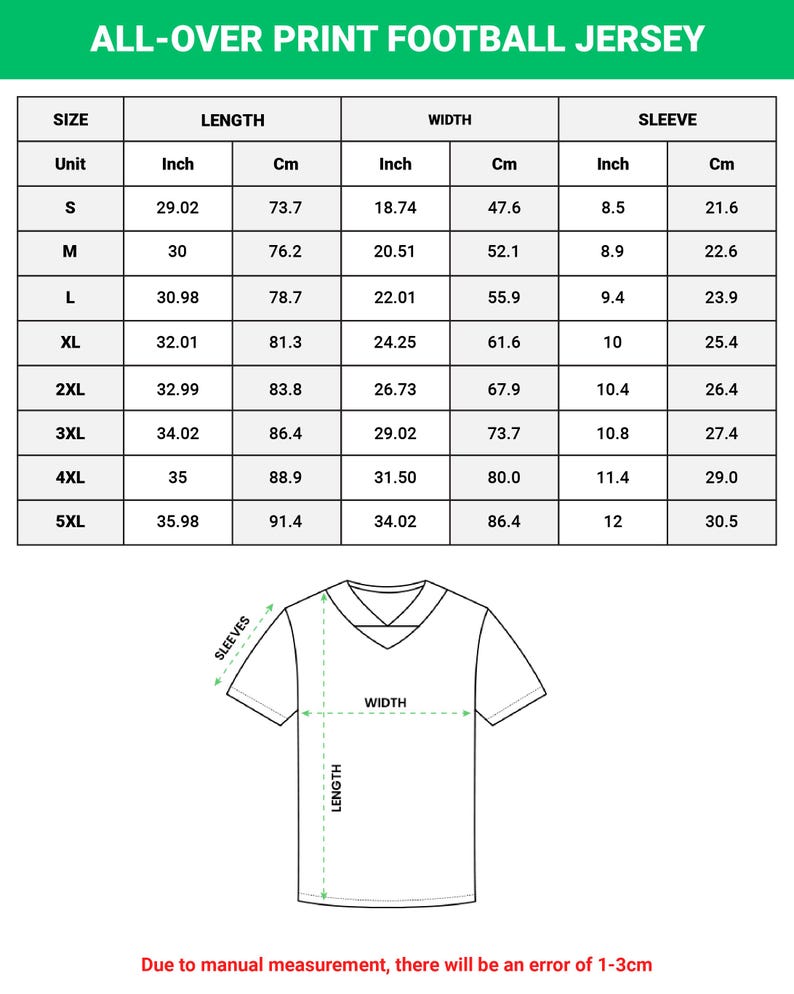 May include: Image of a size chart for an all-over print football jersey. The chart includes measurements in inches and centimeters for length, width, and sleeve length, ranging from size S to 5XL. The text at the top reads "ALL-OVER PRINT FOOTBALL JERSEY."