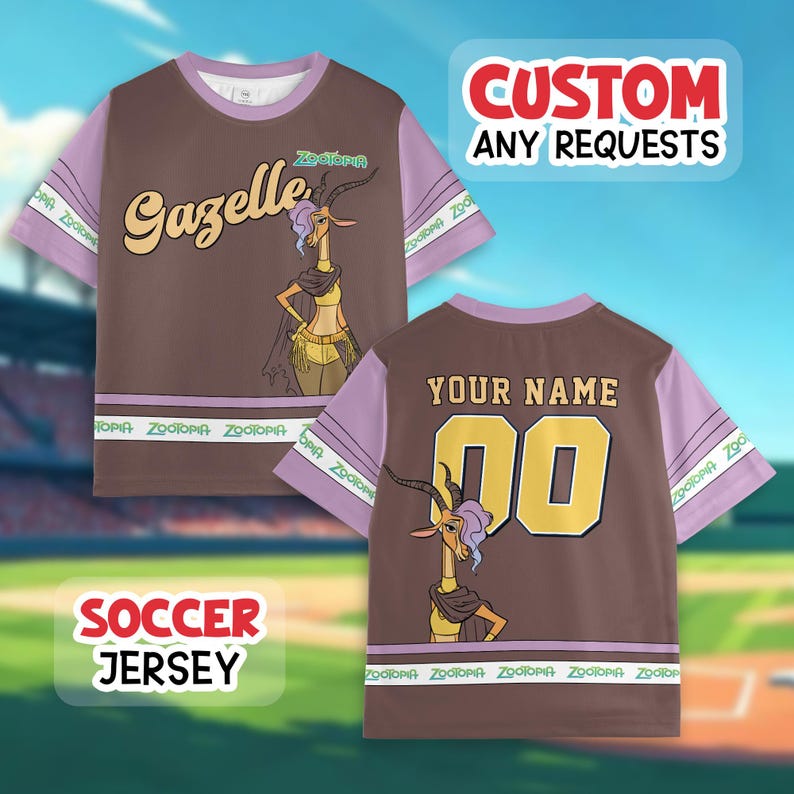 May include: Brown soccer jersey with purple sleeves featuring a cartoon gazelle character. The front says "Gazelle" and the back has "YOUR NAME" and the number "00". The jersey has the text "CUSTOM ANY REQUESTS" and "SOCCER JERSEY".