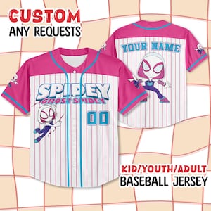 May include: A pink and white baseball jersey with the text "SPIDEY" and "GHOST SPIDEY". The jersey features a cartoon character and the number "00". The text "CUSTOM ANY REQUESTS" is at the top. The text "KID/YOUTH/ADULT BASEBALL JERSEY" is at the bottom.