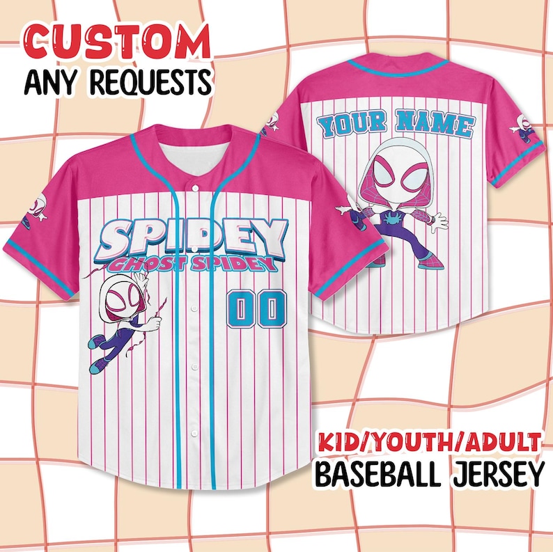May include: A pink and white baseball jersey with the text "SPIDEY" and "GHOST SPIDEY". The jersey features a cartoon character and the number "00". The text "CUSTOM ANY REQUESTS" is at the top. The text "KID/YOUTH/ADULT BASEBALL JERSEY" is at the bottom.