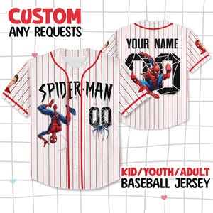 May include: White baseball jersey with red pinstripes, featuring Spider-Man graphics and the text "SPIDER-MAN" and "00". The jersey includes the text "CUSTOM ANY REQUESTS" and "KID/YOUTH/ADULT BASEBALL JERSEY".