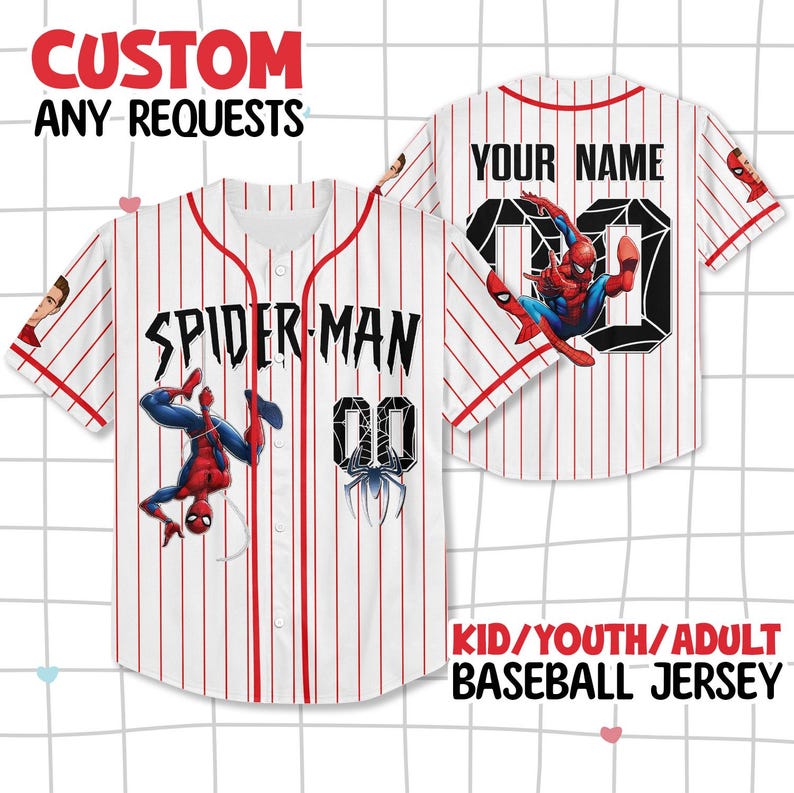 May include: White baseball jersey with red pinstripes, featuring Spider-Man graphics and the text "SPIDER-MAN" and "00". The jersey includes the text "CUSTOM ANY REQUESTS" and "KID/YOUTH/ADULT BASEBALL JERSEY".