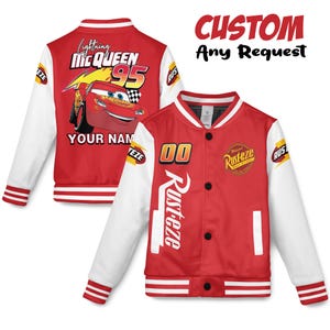 May include: Red and white varsity jacket featuring Lightning McQueen from the Cars movie. The jacket has a red body with white sleeves and striped cuffs. The back displays Lightning McQueen with the text "Lightning McQueen 95" and "Your Name". The front has "00" and "Rusteze".