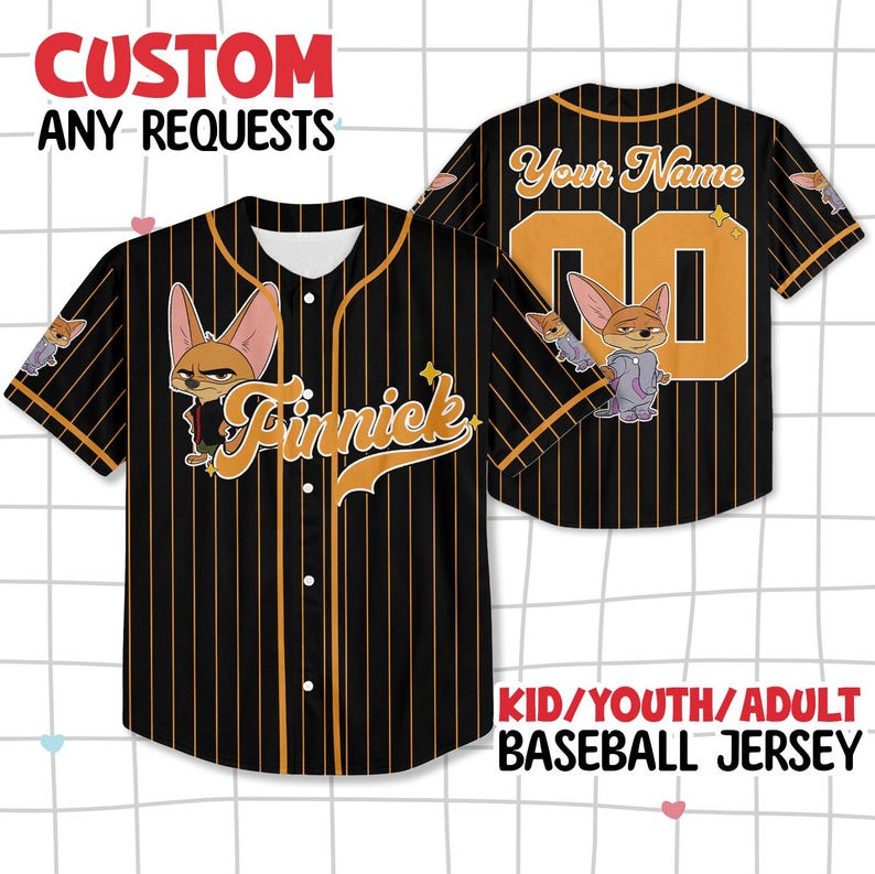 May include: Black and orange baseball jersey with vertical stripes. The jersey features the name "Finnick" in orange script on the front and a cartoon character. The back has the text "Your Name" and the number "20". The jersey is available in kid, youth, and adult sizes.