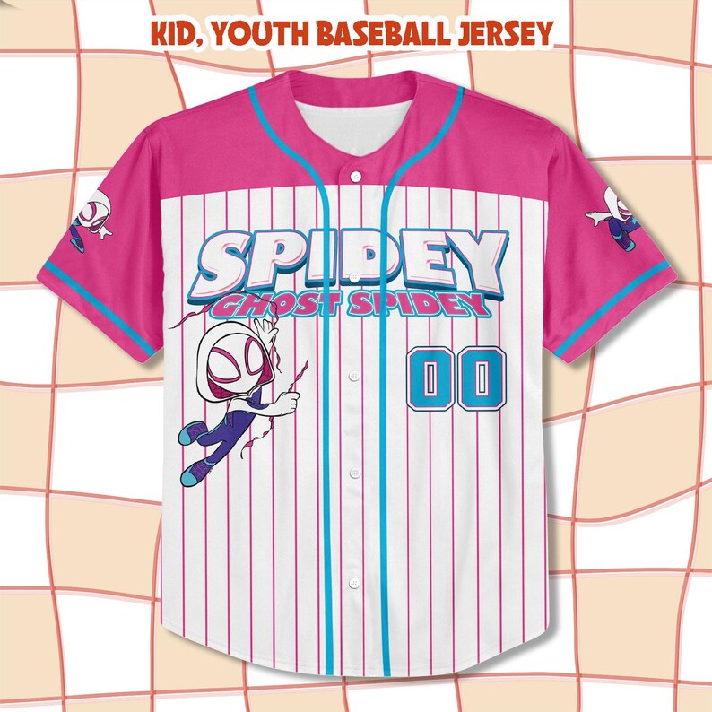 May include: A pink and white baseball jersey with the text "SPIDEY" and "GHOST SPIDEY". The jersey has blue accents and the number "00". A cartoon character is on the front and sleeves. The text "KID, YOUTH BASEBALL JERSEY" is at the top.