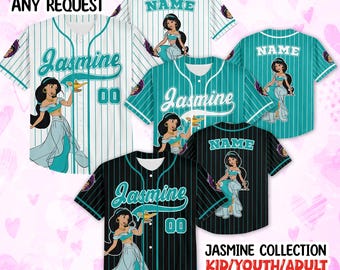 Custom Disney Princess Jasmine Aladdin Simple, Gift For Baseball Fan Disney Princess Matching, Custom Name Disney Game Day Kid Adult Jersey