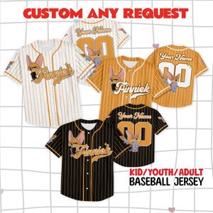 May include: Baseball jerseys in white, orange, and black with pinstripes. Each jersey features a cartoon character and the name "Finnick" or the option to add a name and number. Text at the top says "CUSTOM ANY REQUEST" and "KID/YOUTH/ADULT BASEBALL JERSEY".
