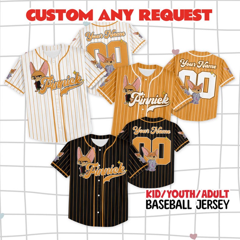 May include: Baseball jerseys in white, orange, and black with pinstripes. Each jersey features a cartoon character and the name "Finnick" or the option to add a name and number. Text at the top says "CUSTOM ANY REQUEST" and "KID/YOUTH/ADULT BASEBALL JERSEY".