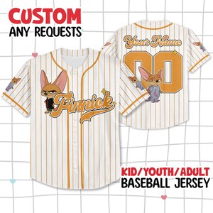 May include: White and orange pinstripe baseball jersey with "Finnick" and cartoon character graphics. The jersey has the text "Custom Any Requests" at the top and "Kid/Youth/Adult Baseball Jersey" at the bottom.