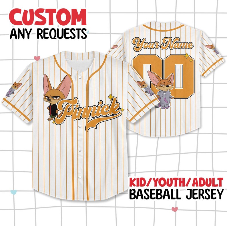 May include: White and orange pinstripe baseball jersey with "Finnick" and cartoon character graphics. The jersey has the text "Custom Any Requests" at the top and "Kid/Youth/Adult Baseball Jersey" at the bottom.