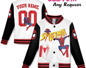 Personalized Name Spiderman Jacket, Kids Varsity Jacket, Spiderman Baseball Jacket, Spidey Varsity Birthday Boy Gift, Spidey Shirt